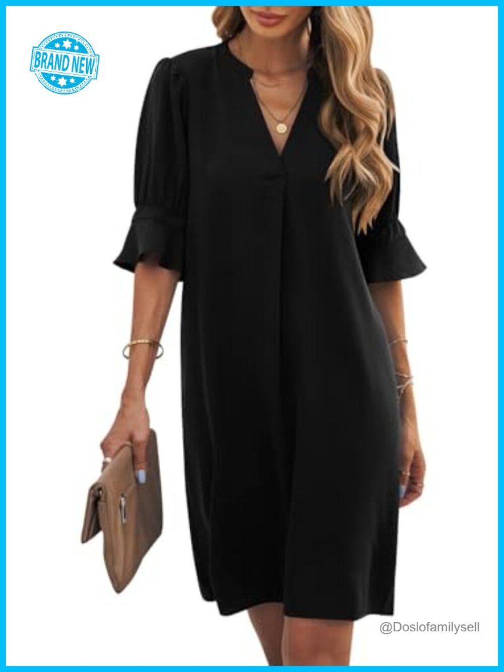 Womens Ruffle Short Sleeve V Neck Shift Dress